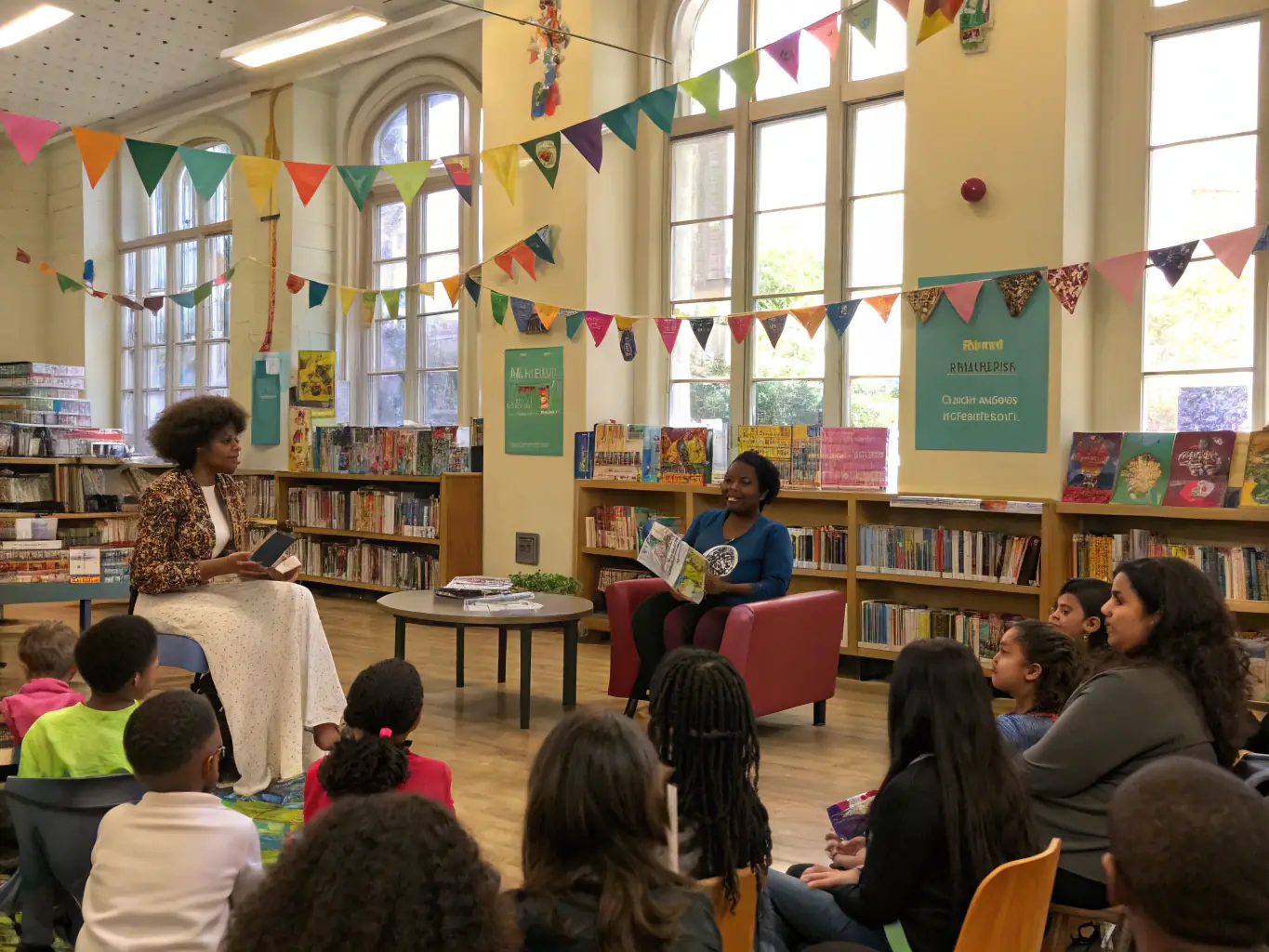 A captivating image featuring a diverse group of people attending a literary event, with books and cultural artifacts displayed in the background, highlighting the cultural engagement.
