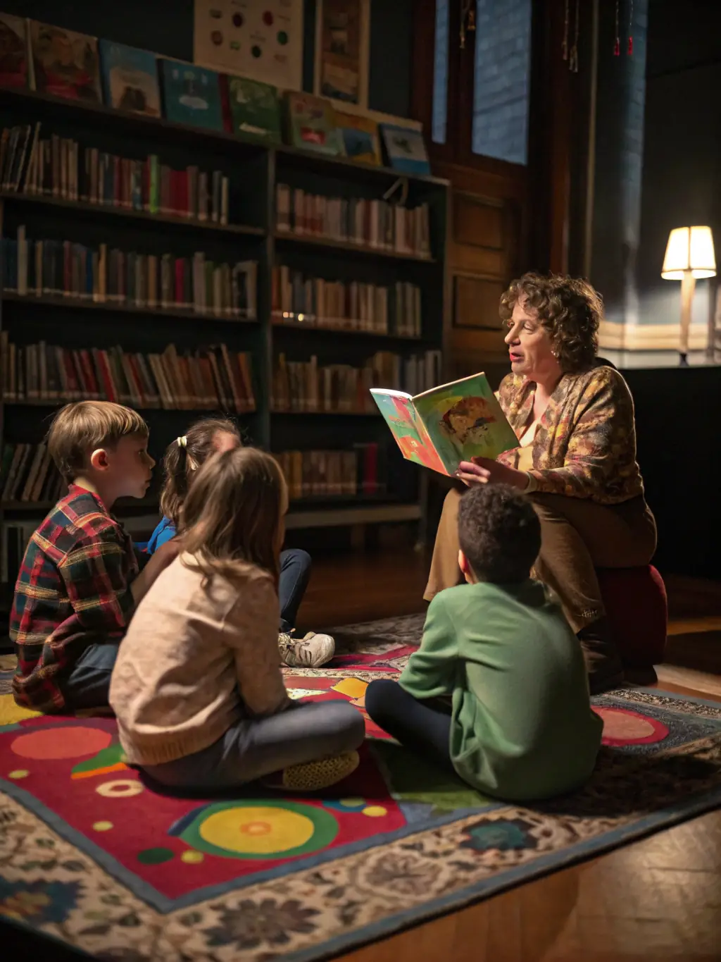 An image of a storytelling session with children, featuring a storyteller captivating the audience with an engaging narrative and expressive gestures.