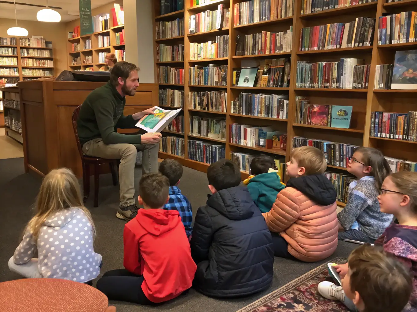 A vibrant image depicting a group of children and adults participating in a storytelling session at a local library, showcasing the intergenerational aspect of the literary workshops.