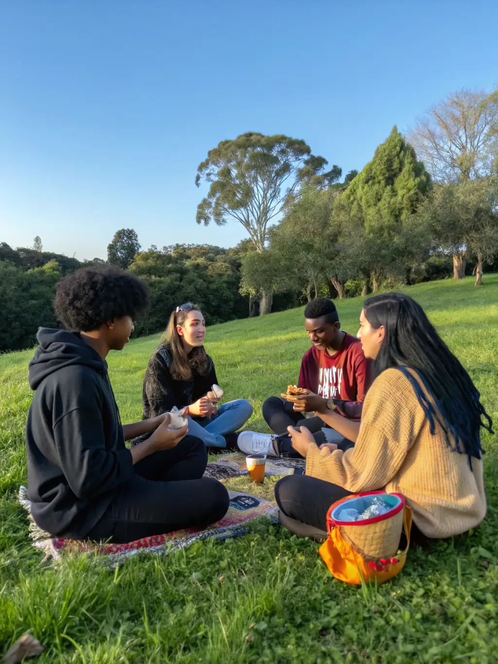 A heartwarming photograph showing diverse community members of different ages participating in a reading circle outdoors, sharing books and stories.