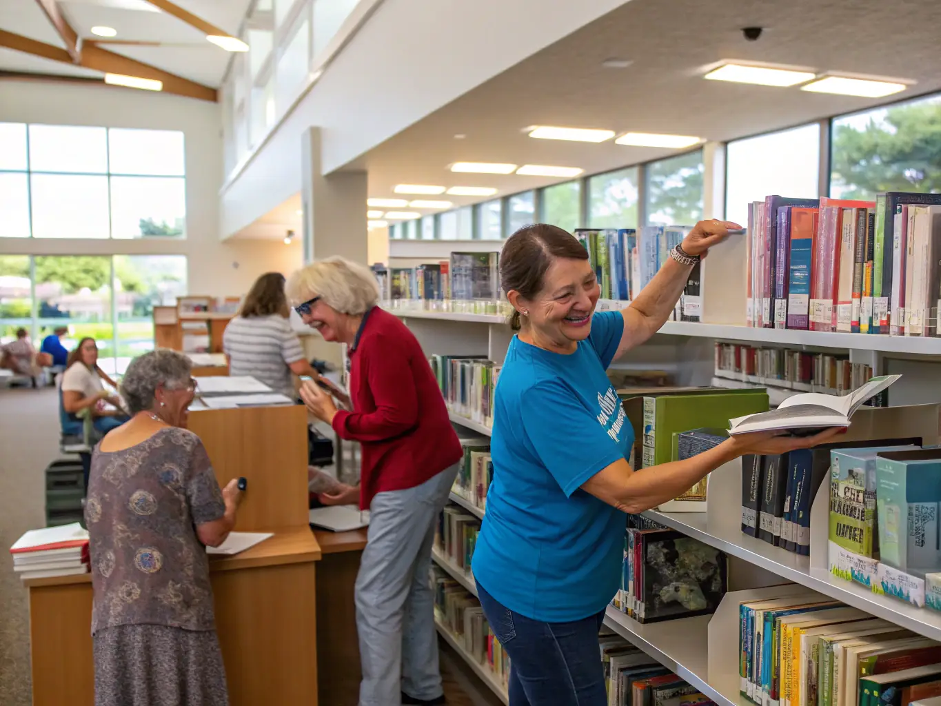 A heartwarming image showing volunteers organizing books and setting up a reading corner in a community center, emphasizing the accessibility of reading materials.