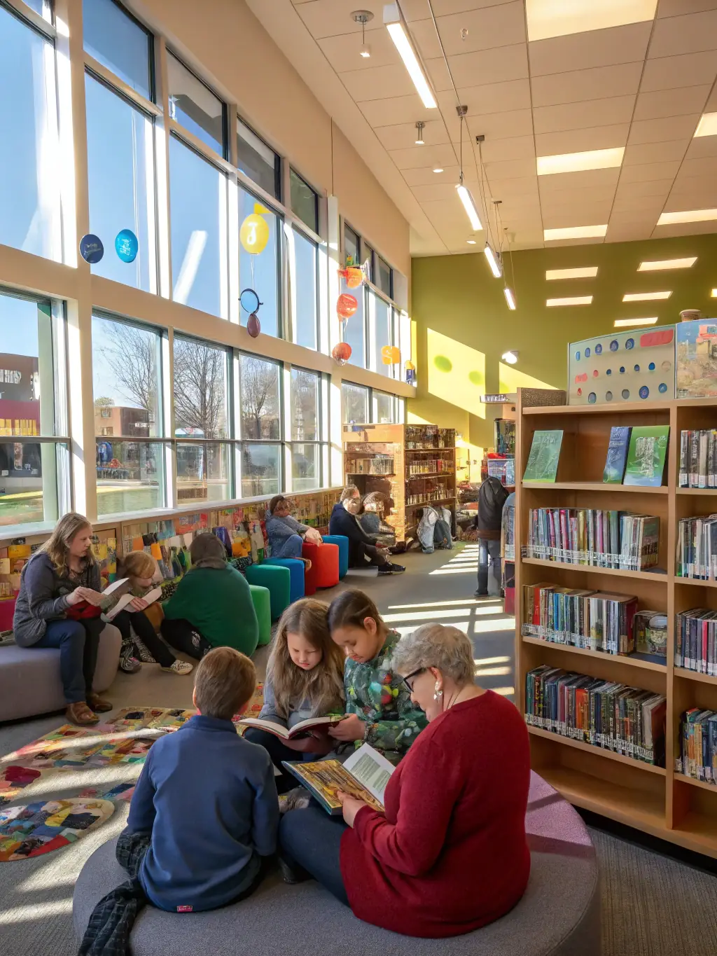 A photograph showcasing a book lending event, with volunteers assisting community members in selecting books from a diverse collection.