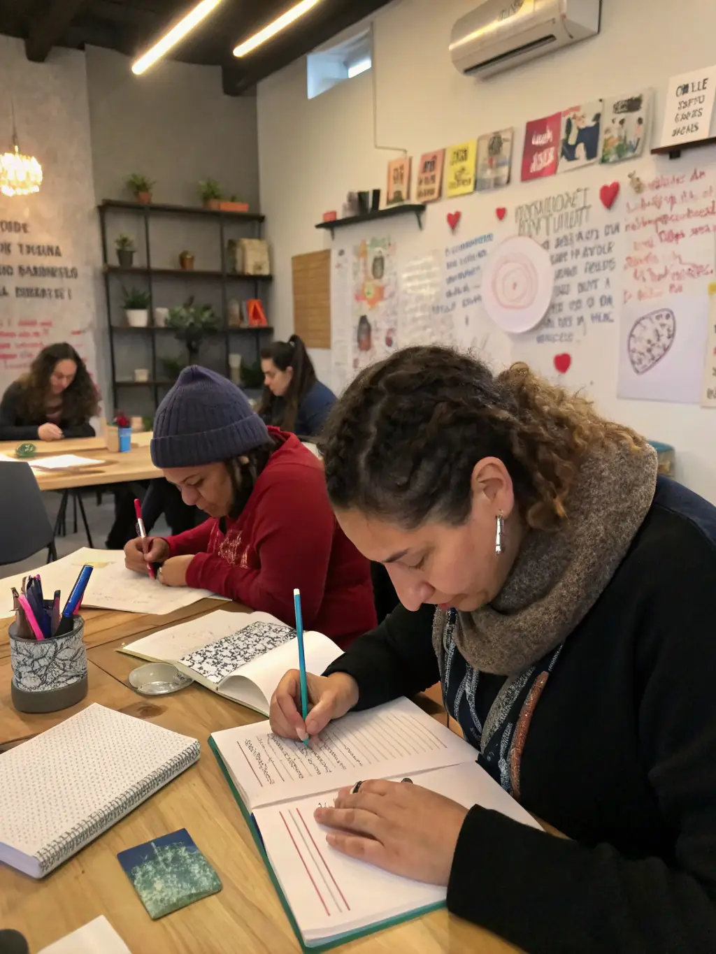 A vibrant image depicting a literary workshop in progress, with participants actively engaged in a writing exercise, surrounded by books and creative materials.